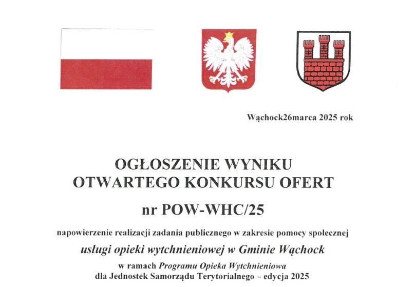 Ogłoszenie wyniku otwartego konkursu ofert nr POW-WHC/25